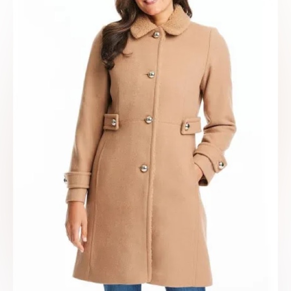 - Kate Spade Women's Sherpa trimmed caramel wool coat